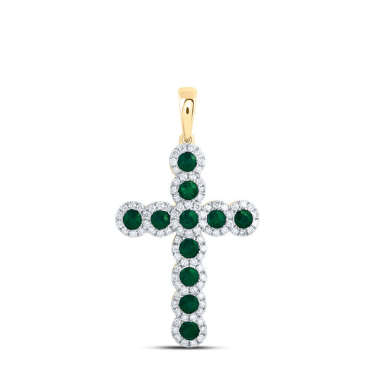 1.23 Ctw Natural Diamond Green Emelard Cross Pendant in 14k Yellow Gold