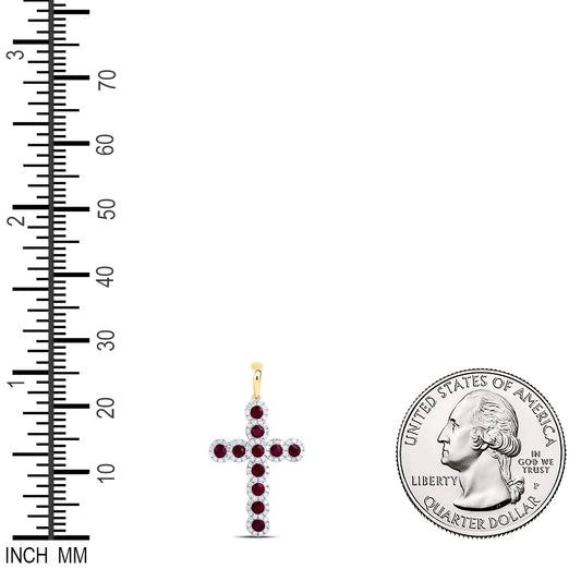 1.66 Ctw Natural Diamond Red Ruby Cross Pendant in 14k Yellow Gold