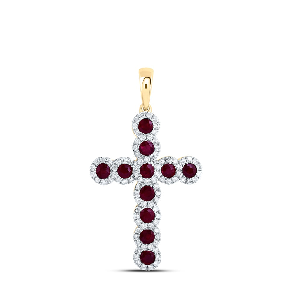 1.66 Ctw Natural Diamond Red Ruby Cross Pendant in 14k Yellow Gold