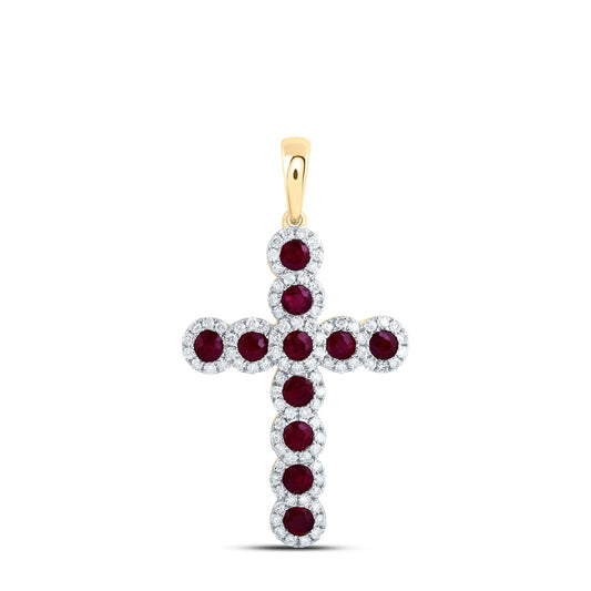 1.66 Ctw Natural Diamond Red Ruby Cross Pendant in 14k Yellow Gold