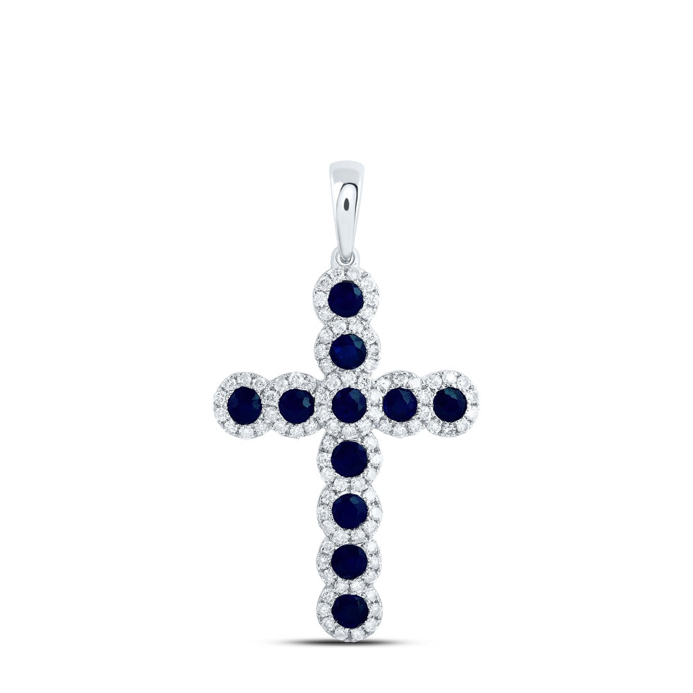 1.6 Ctw Natural Diamond Blue Sapphire Cross Pendant in 14k White Gold
