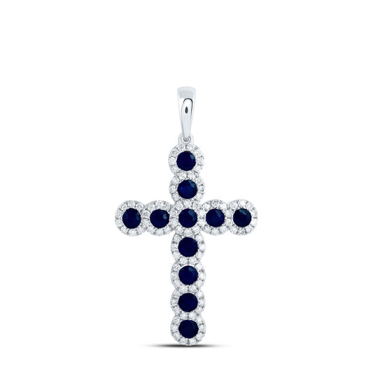 1.6 Ctw Natural Diamond Blue Sapphire Cross Pendant in 14k White Gold