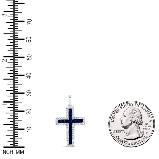 1.35 Ctw Natural Diamond Blue White Cross Religious Pendant in 14k White Gold