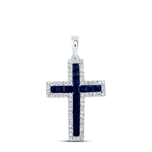 1.35 Ctw Natural Diamond Blue White Cross Religious Pendant in 14k White Gold