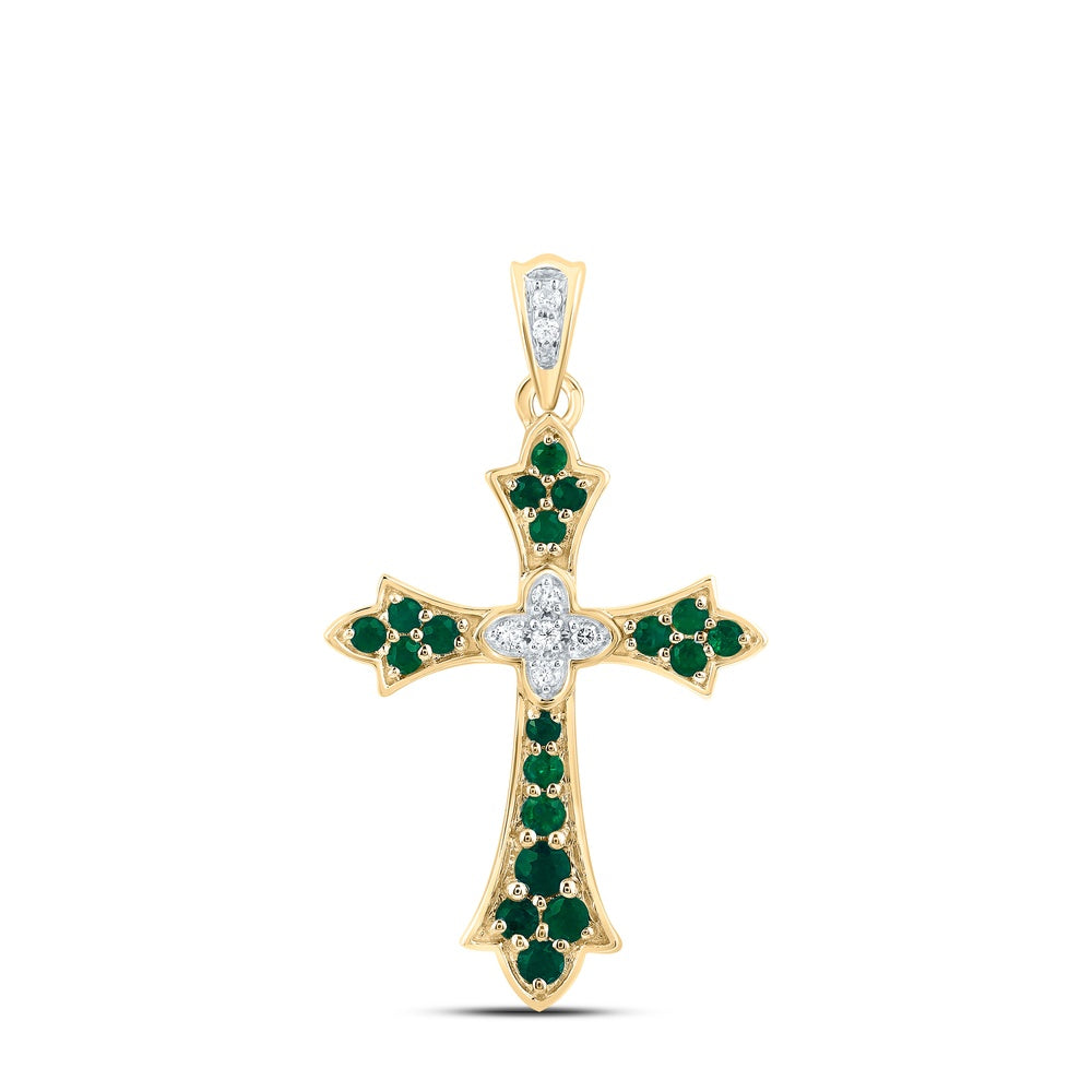 0.3 Ctw Natural Diamond Green White Cross Pendant in 14k Yellow Gold