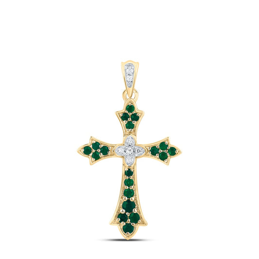 0.3 Ctw Natural Diamond Green White Cross Pendant in 14k Yellow Gold