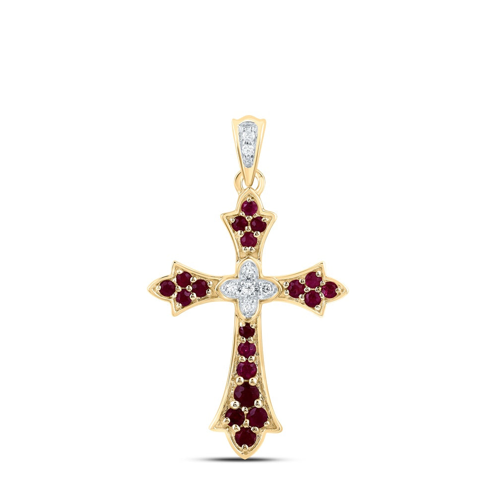 0.34 Ctw Natural Diamond Red White Cross Pendant in 14k Yellow Gold