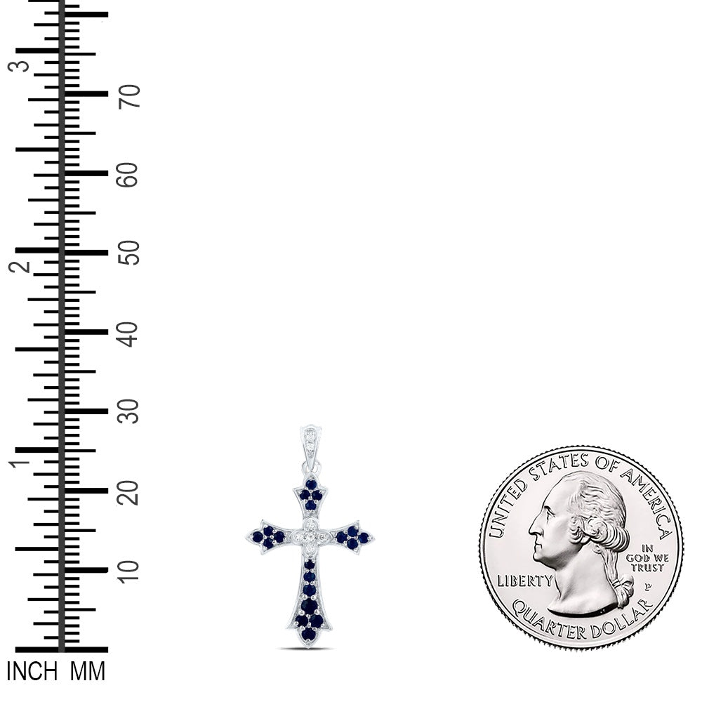 0.35 Ctw Natural Diamond Blue Sapphire White Cross Pendant in 14k White Gold