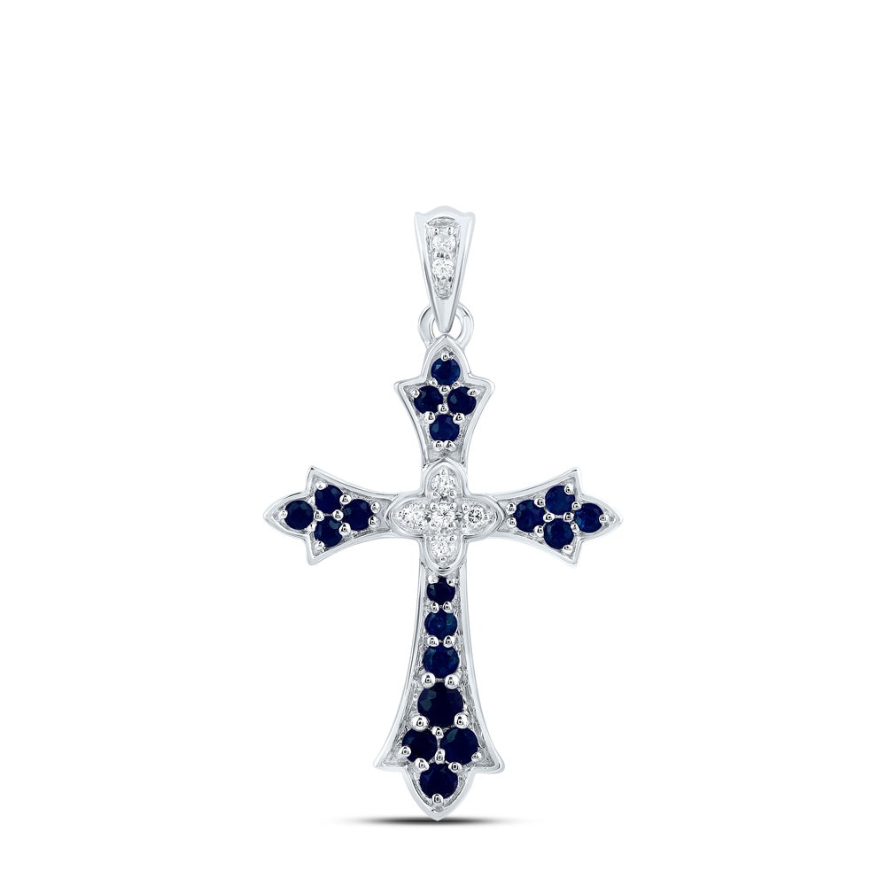 0.35 Ctw Natural Diamond Blue Sapphire White Cross Pendant in 14k White Gold