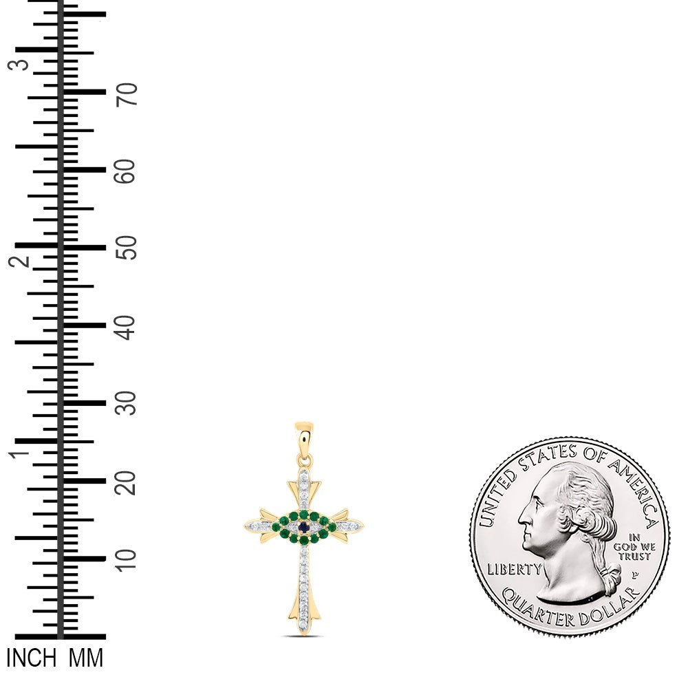 0.2 Ctw Natural Diamond Green Emelard Evil Eye Cross Religious Pendant in 14k Yellow Gold