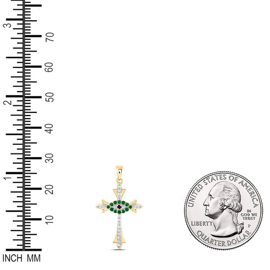 0.2 Ctw Natural Diamond Green Emelard Evil Eye Cross Religious Pendant in 14k Yellow Gold