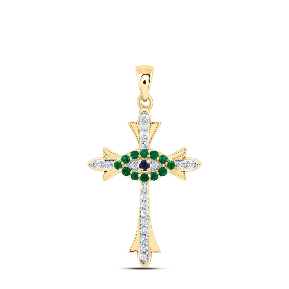 0.2 Ctw Natural Diamond Green Emelard Evil Eye Cross Religious Pendant in 14k Yellow Gold