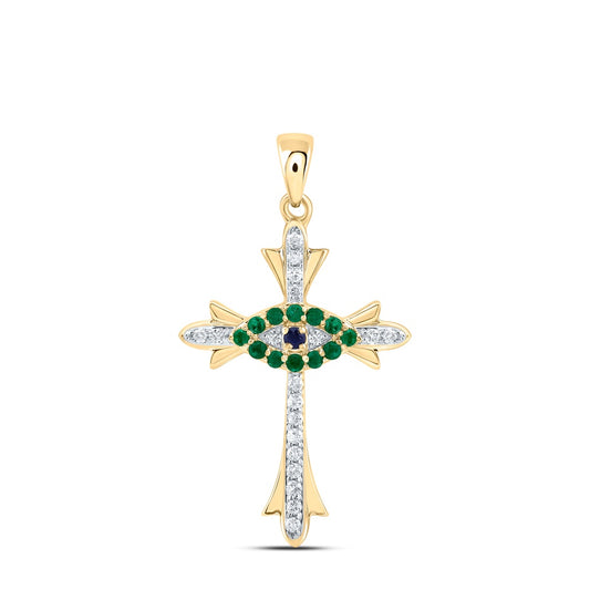 0.2 Ctw Natural Diamond Green Emelard Evil Eye Cross Religious Pendant in 14k Yellow Gold