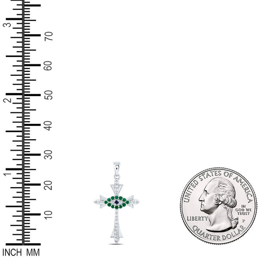 0.21 Ctw Natural Diamond Green Emelard Evil Eye Cross Religious Pendant in 14k White Gold