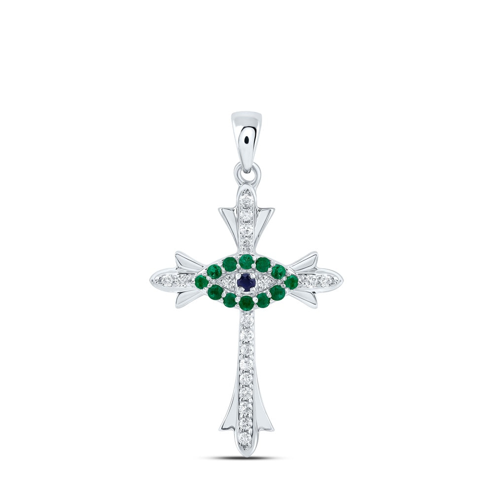0.21 Ctw Natural Diamond Green Emelard Evil Eye Cross Religious Pendant in 14k White Gold
