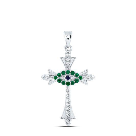 0.21 Ctw Natural Diamond Green Emelard Evil Eye Cross Religious Pendant in 14k White Gold