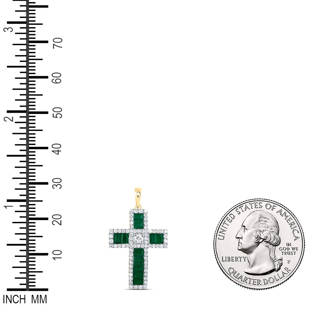 1.39 Ctw Natural Diamond Green White Cross Pendant in 14k Yellow Gold