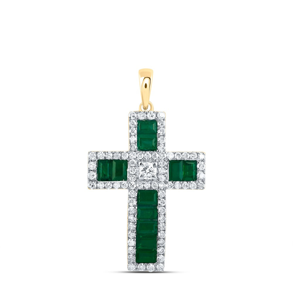 1.39 Ctw Natural Diamond Green White Cross Pendant in 14k Yellow Gold