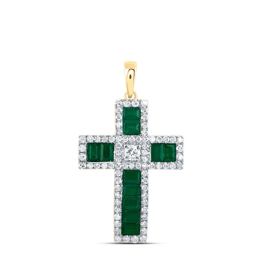 1.39 Ctw Natural Diamond Green White Cross Pendant in 14k Yellow Gold
