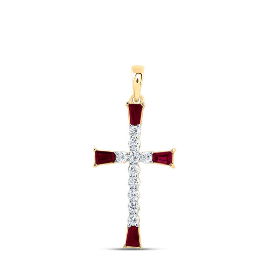 0.63 Ctw Natural Diamond Red Ruby One Row Cross Pendant in 14k Yellow Gold