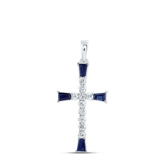 0.56 Ctw Natural Diamond Blue Sapphire One Row Cross Pendant in 14k White Gold