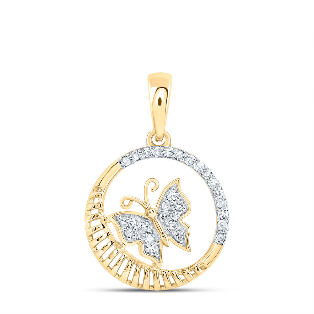 0.15 Ctw Natural Diamond Open Circular Border Butterfly Pendant in 10k Yellow Gold