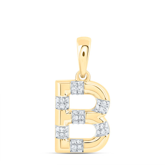 0.12 Ctw Natural Diamond Tube Block Initial Letter B Pendant in 10k Yellow Gold