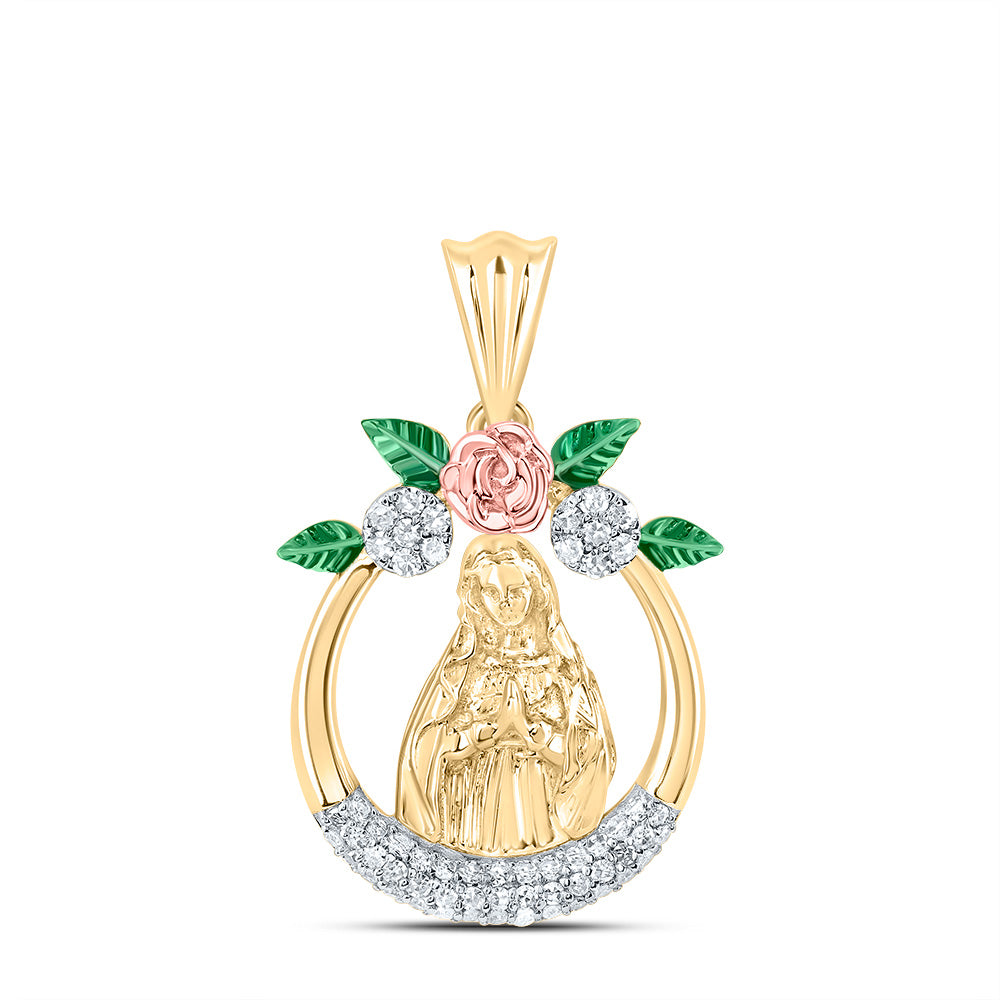 0.24 Ctw Natural Diamond Mother Mary Flower Oval Border Pendant in 14k Yellow Gold