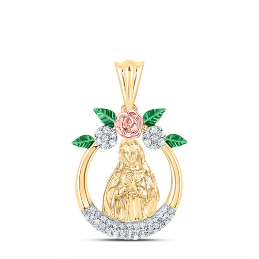 0.24 Ctw Natural Diamond Mother Mary Flower Oval Border Pendant in 14k Yellow Gold