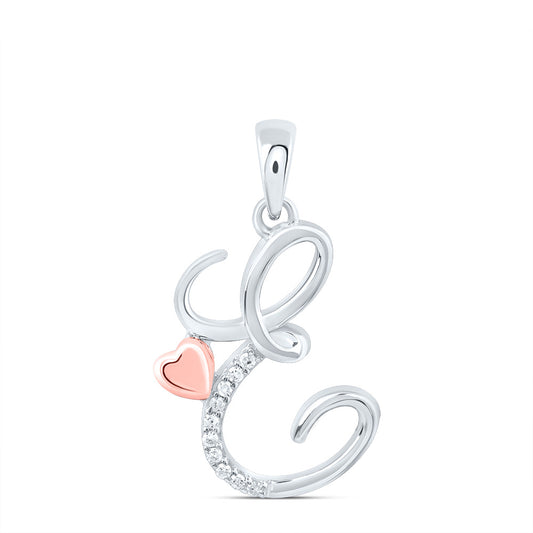 0.04 Ctw Natural Diamond Heart Intial Letter E Pendant in Sterling Silver
