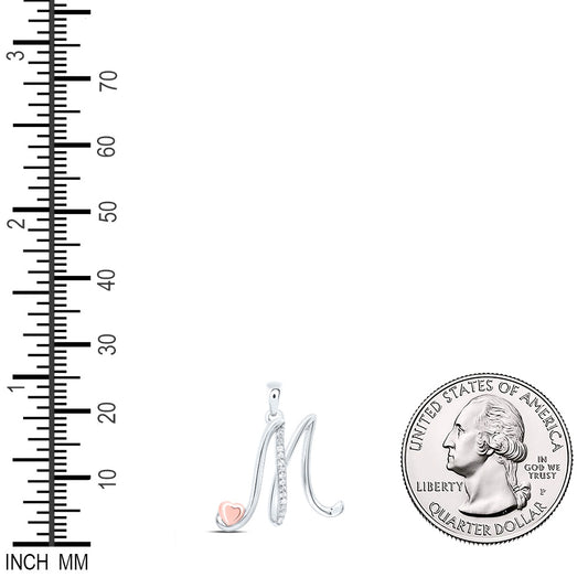 0.06 Ctw Natural Diamond Heart Initial Letter M Pendant in Sterling Silver