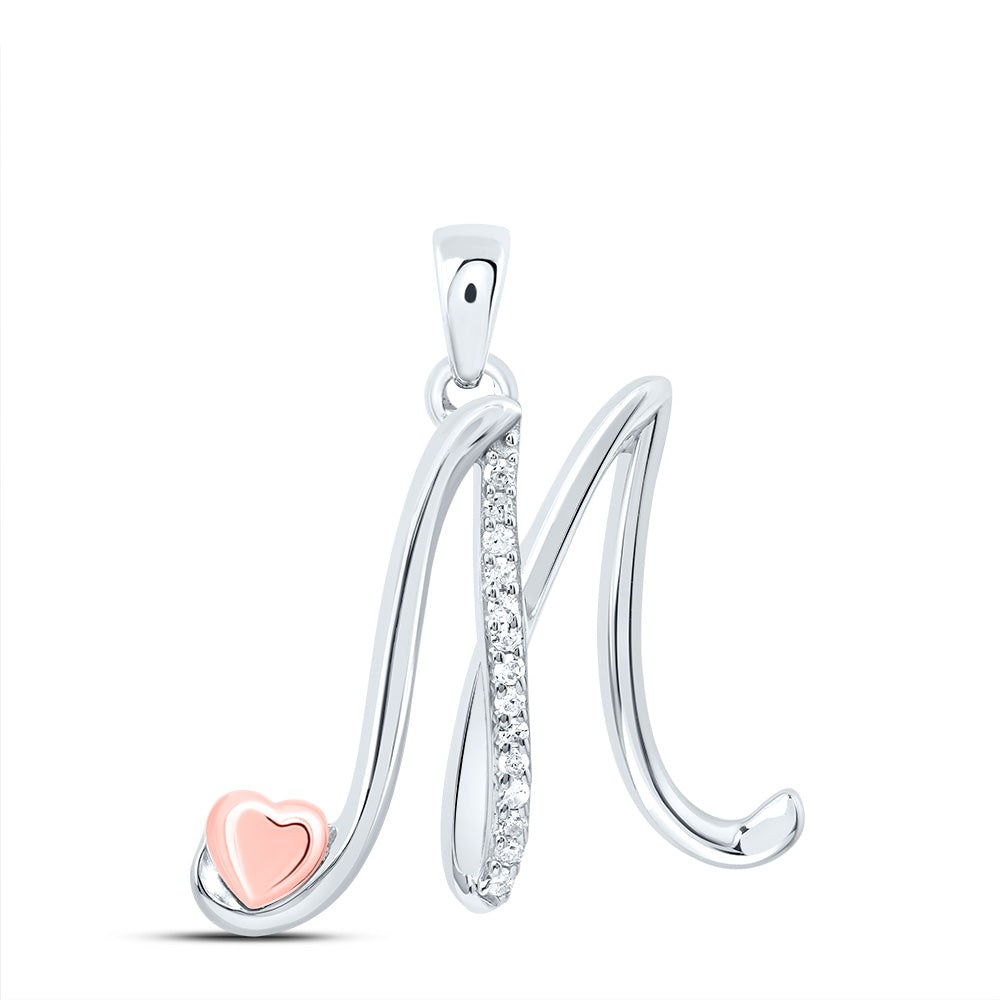 0.06 Ctw Natural Diamond Heart Initial Letter M Pendant in Sterling Silver