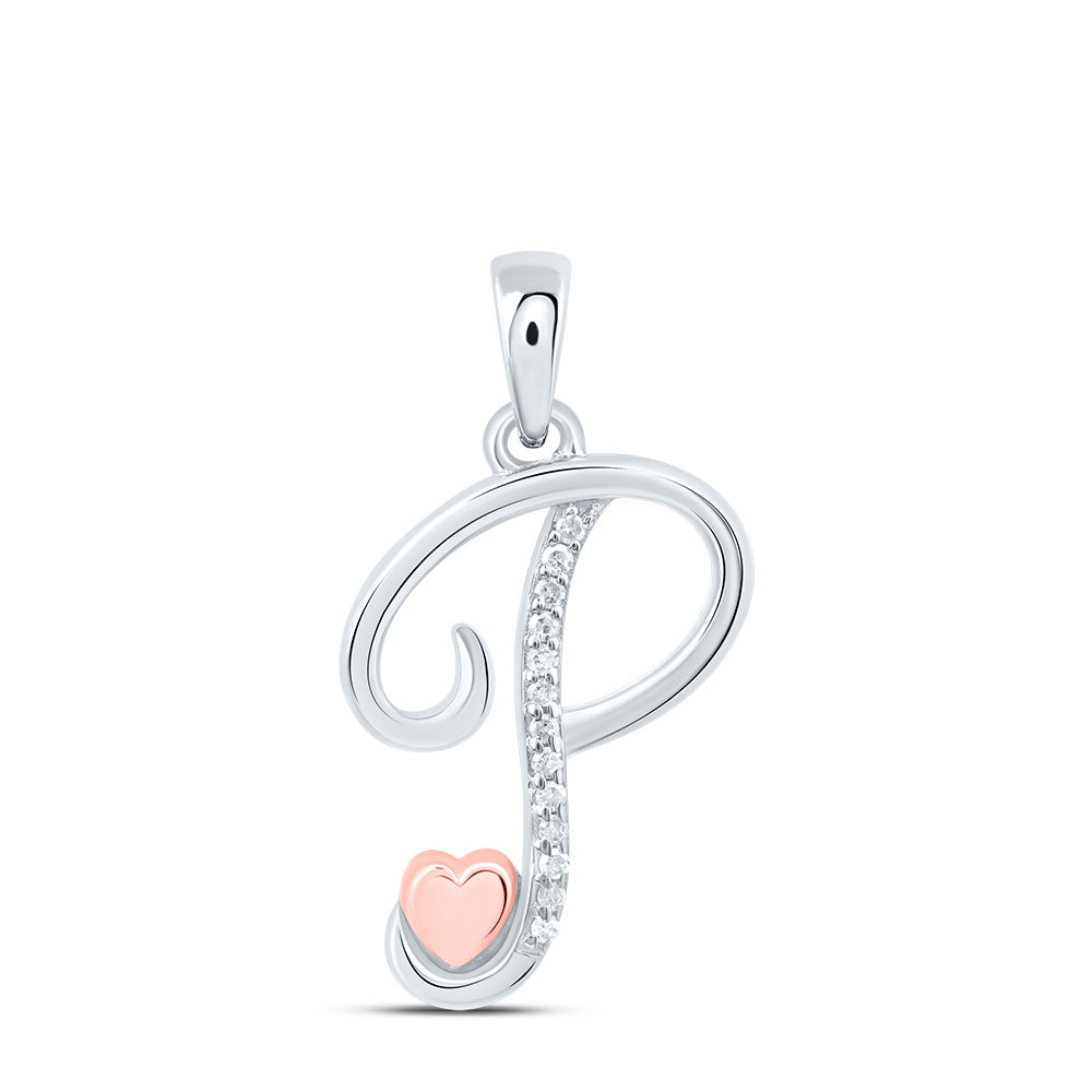 0.05 Ctw Natural Diamond Heart Cursive Initial Letter P Pendant in Sterling Silver