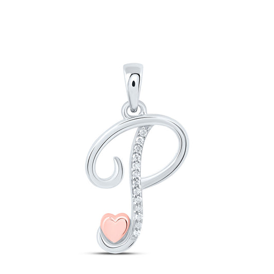 0.05 Ctw Natural Diamond Heart Cursive Initial Letter P Pendant in Sterling Silver