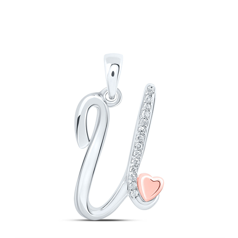 0.06 Ctw Natural Diamond Heart Cursive Initial Letter U Pendant in Sterling Silver