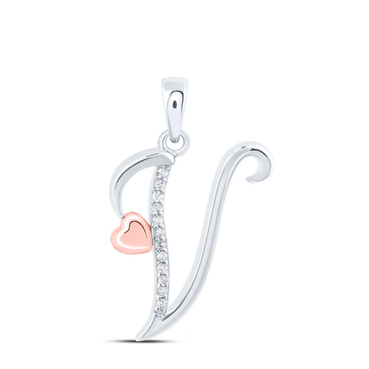 0.05 Ctw Natural Diamond Heart Intial Letter V Pendant in Sterling Silver