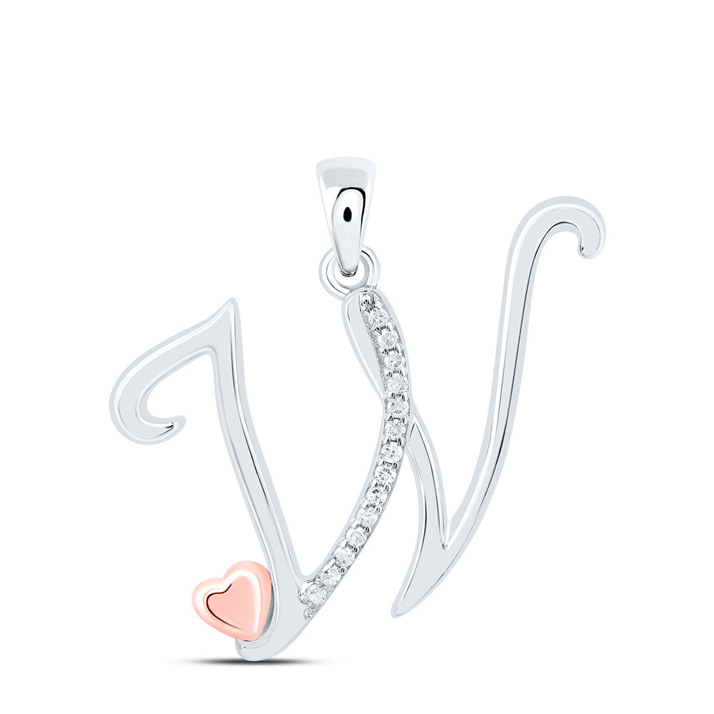 0.06 Ctw Natural Diamond Heart Cursive Initial Letter W Pendant in Sterling Silver