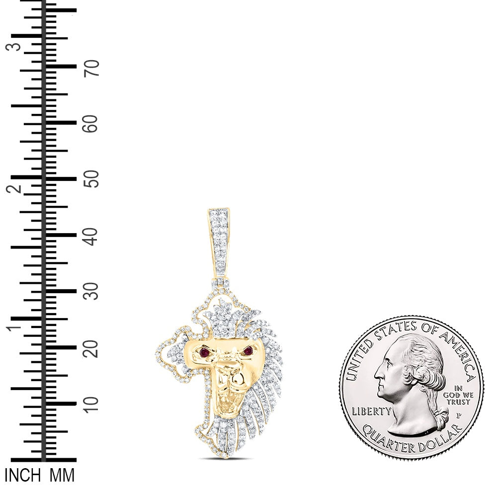 0.78 Ctw Natural Diamond Red Eyes Lion King Cross Religious Pendant in 10k Yellow Gold
