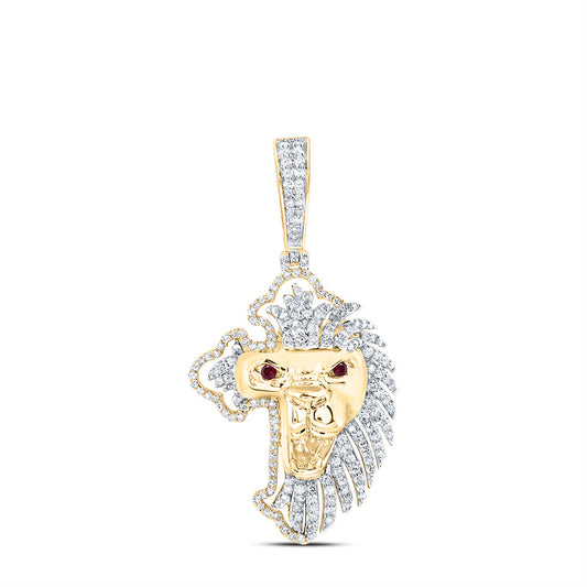 0.78 Ctw Natural Diamond Red Eyes Lion King Cross Religious Pendant in 10k Yellow Gold