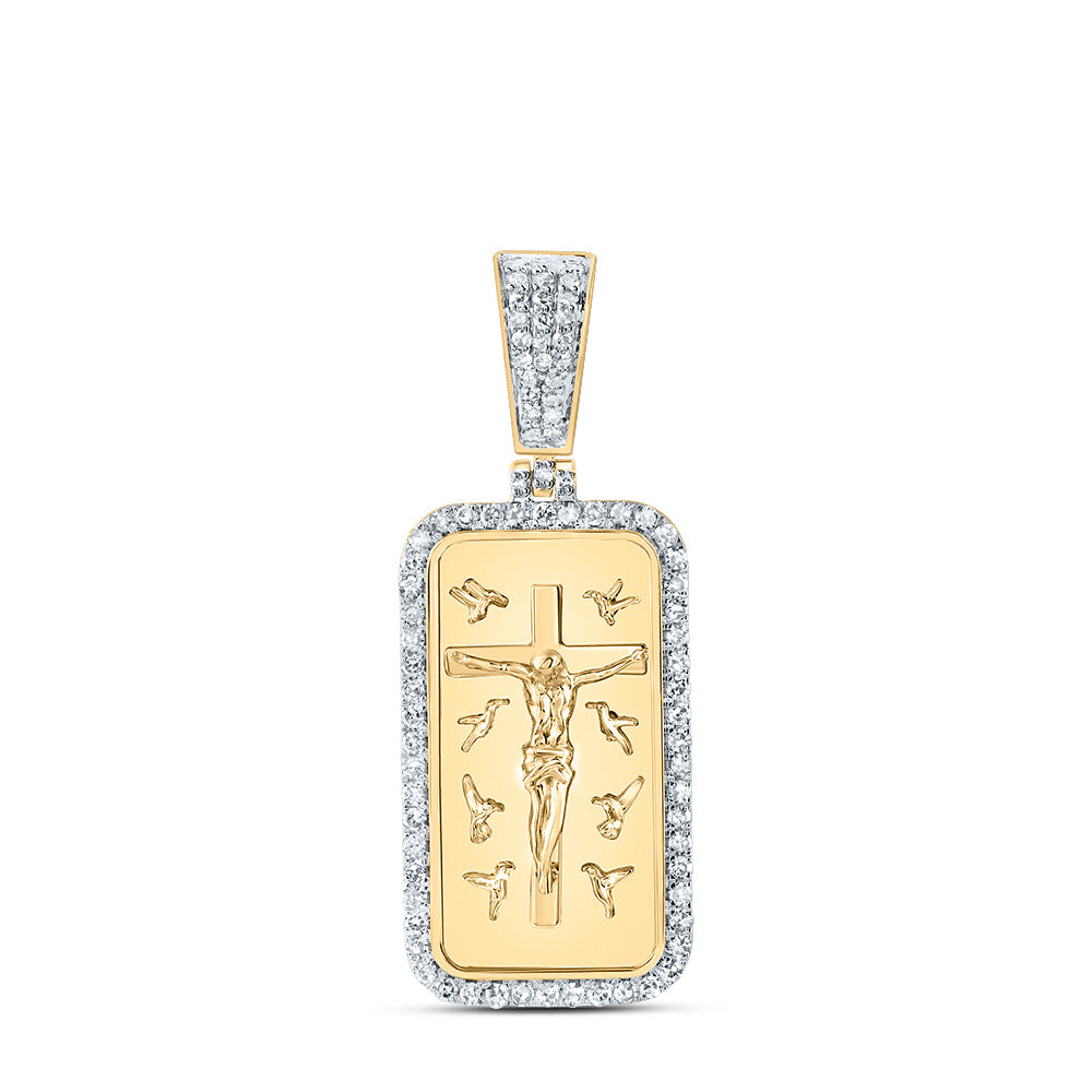 0.48 Ctw Natural Diamond Dogtag Cross Crucifix Jesus Birds Pendant in 10k Yellow Gold