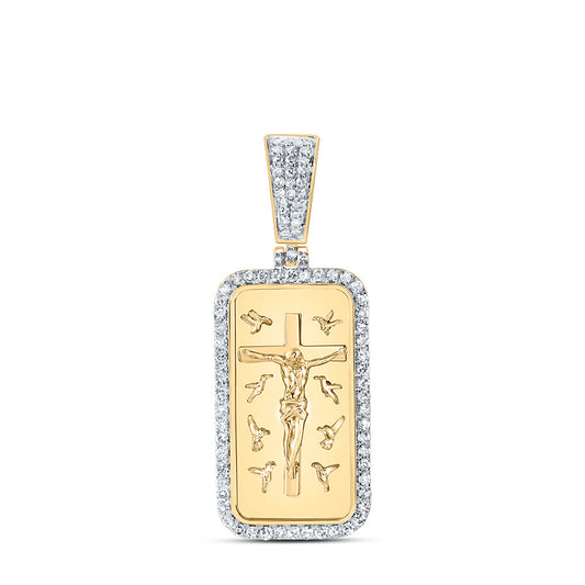 0.48 Ctw Natural Diamond Dogtag Cross Crucifix Jesus Birds Pendant in 10k Yellow Gold