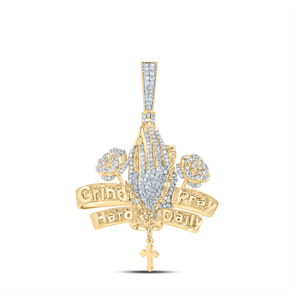 0.91 Ctw Natural Diamond Praying Hand Grind Pray Hard Daily Pendant in 10k Yellow Gold
