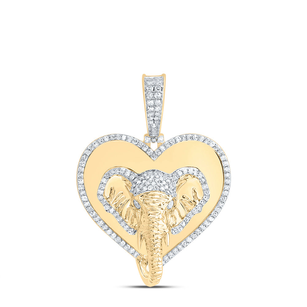 1.27 Ctw Natural Diamond Heart Elephant Animal Pendant in 10k Yellow Gold