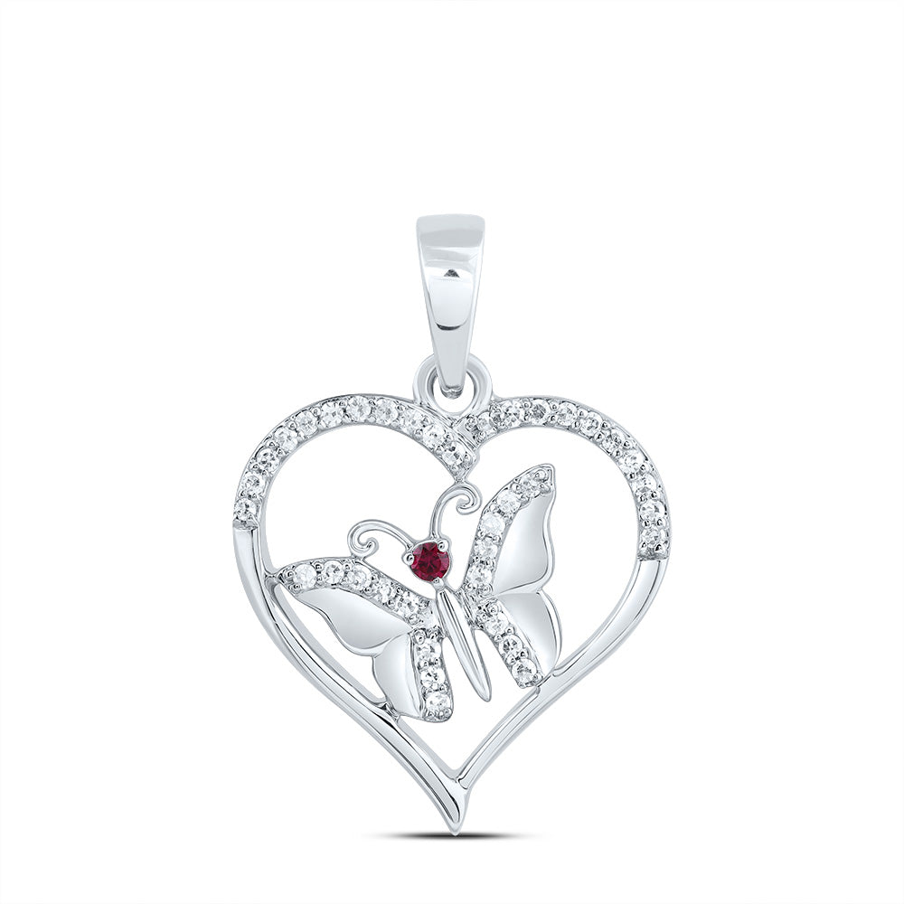 0.11 Ctw Natural Diamond Open Heart Butterfly Red Pendant in 10k White Gold