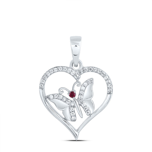 0.11 Ctw Natural Diamond Open Heart Butterfly Red Pendant in 10k White Gold