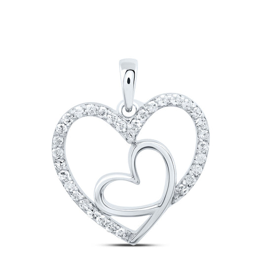 0.21 Ctw Natural Diamond 2 Two Double Open Heart Pendant in 10k White Gold