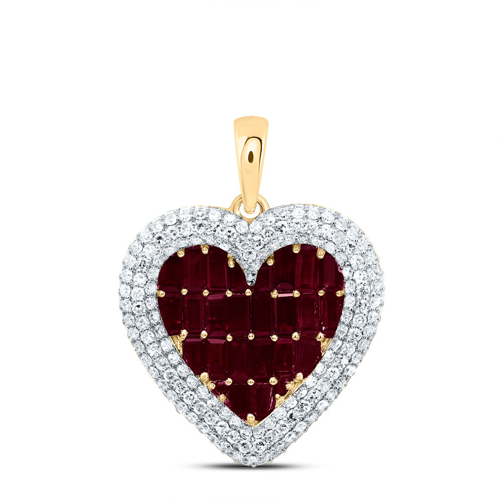 2.95 Ctw Natural Diamond Red White Cluster Heart Pendant in 14k Yellow Gold
