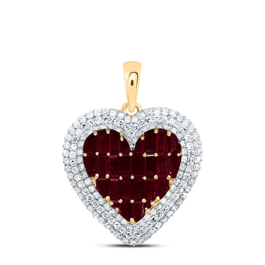 2.95 Ctw Natural Diamond Red White Cluster Heart Pendant in 14k Yellow Gold