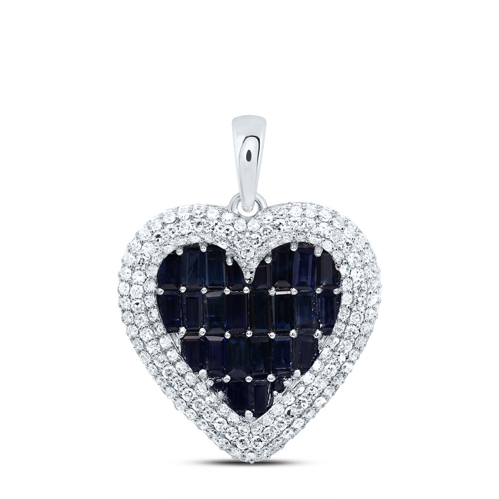 2.91 Ctw Natural Diamond Blue White Cluster Heart Pendant in 14k White Gold