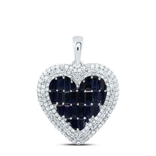 2.91 Ctw Natural Diamond Blue White Cluster Heart Pendant in 14k White Gold
